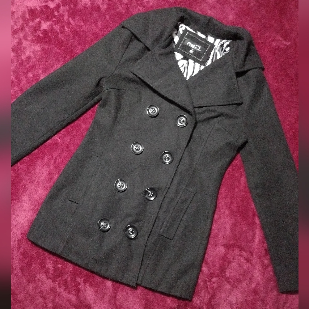 Black Wool Blend Double-Breasted Peacoat - Picture 7 of 14